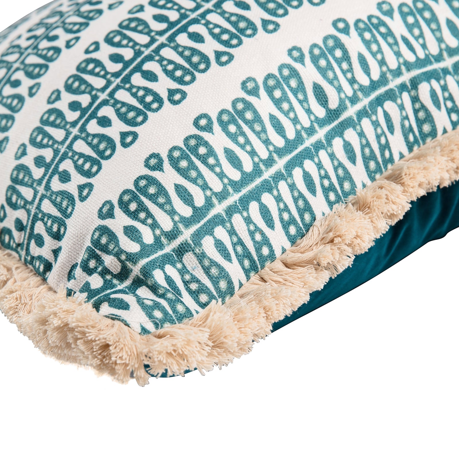 Heart and Minds Cushion - Teal with Teal Velvet Back and Cream Fringe