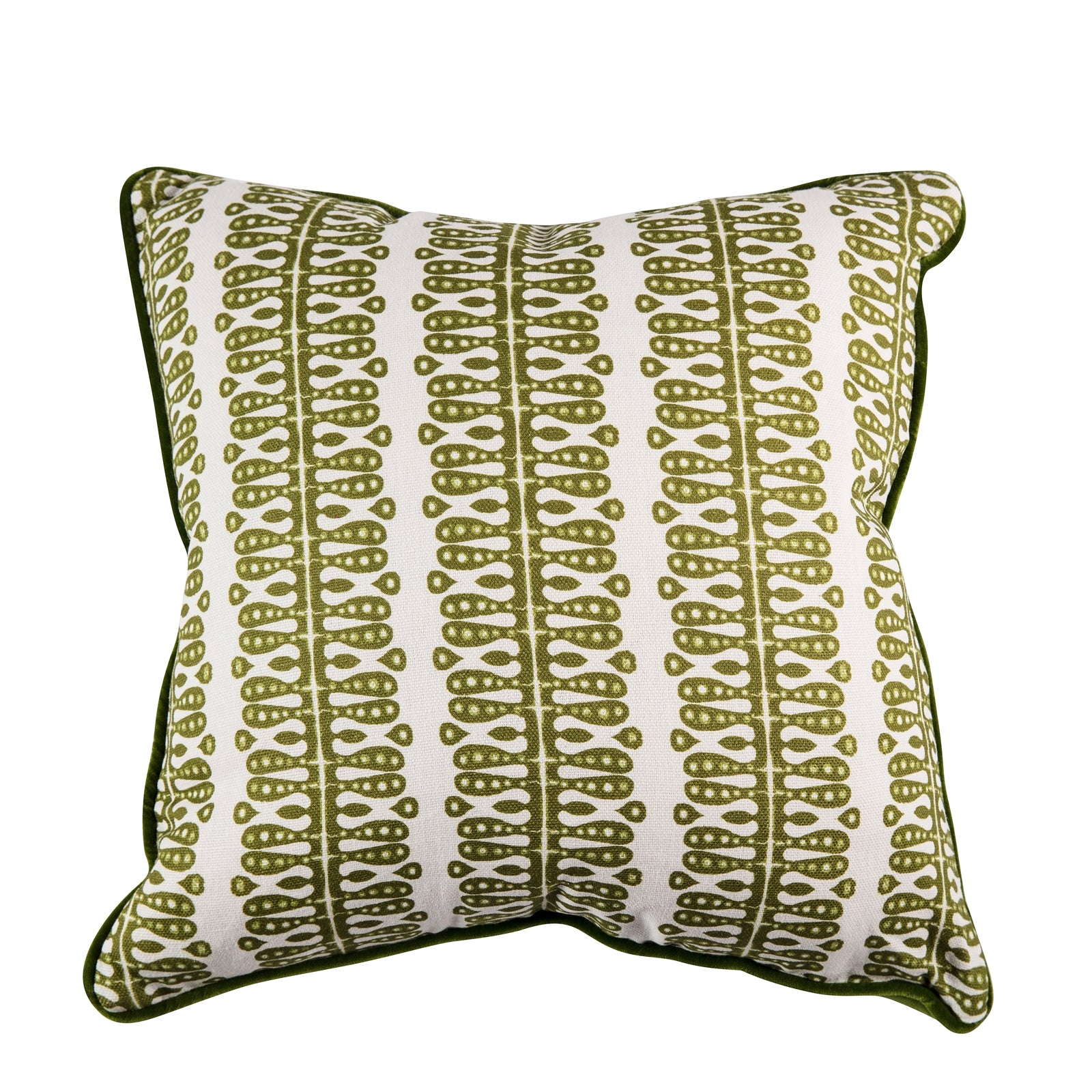 A square-shaped cushion with a geometric pattern in green color, piped with green and backed with a green velvet material.