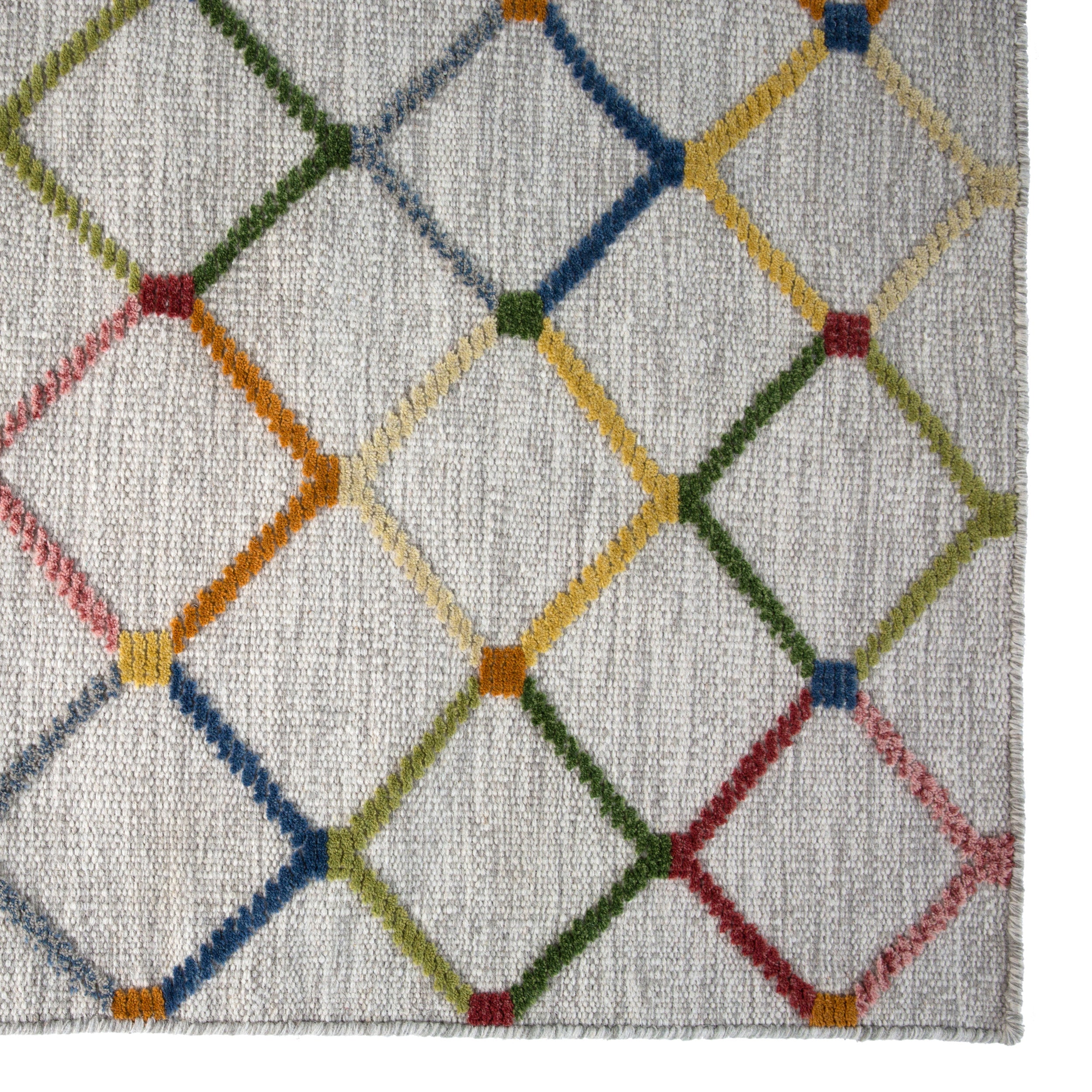 A section of a colorful geometric patterned wool rug