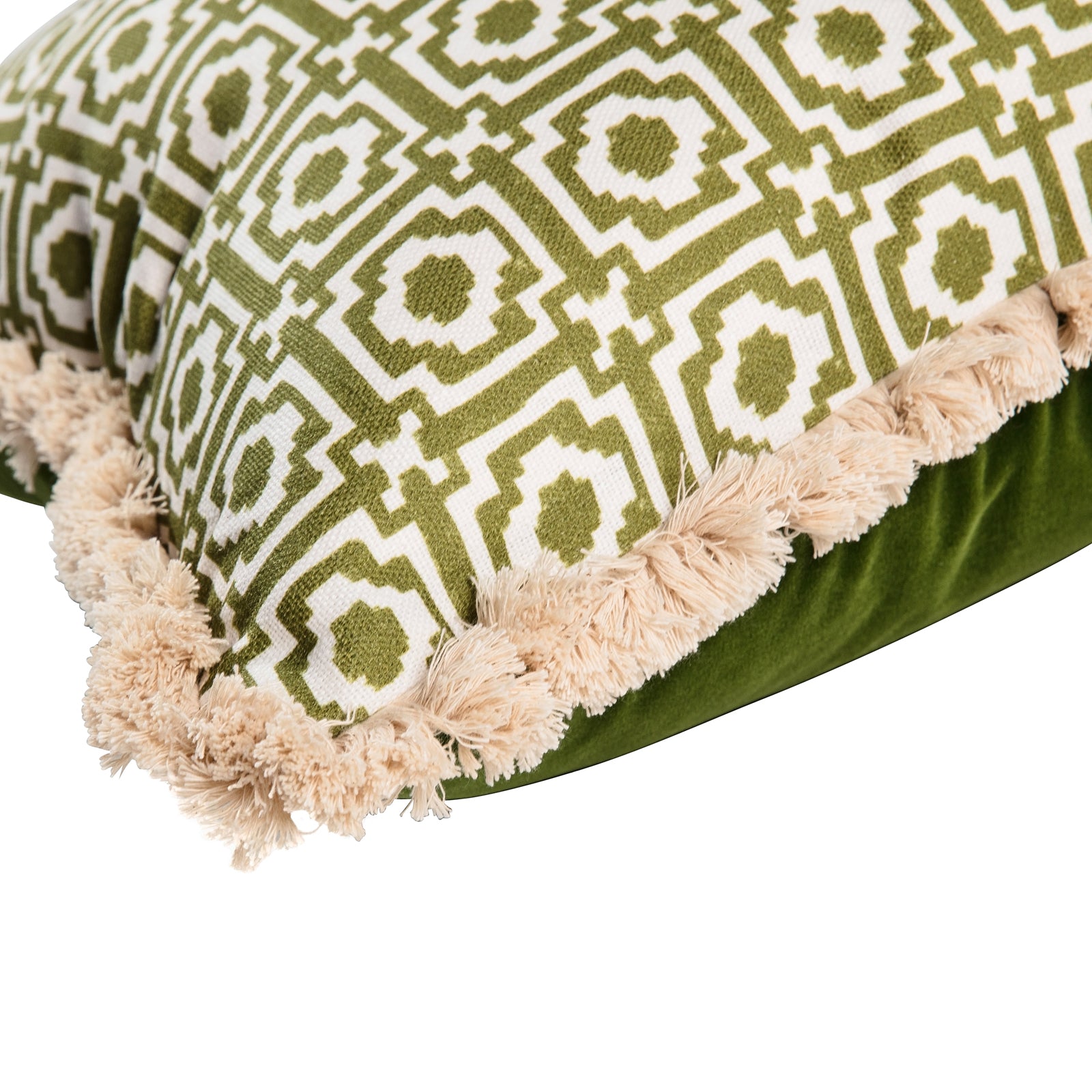 Alotablots cushion in Peridot with Peridot velvet back and cream fringe