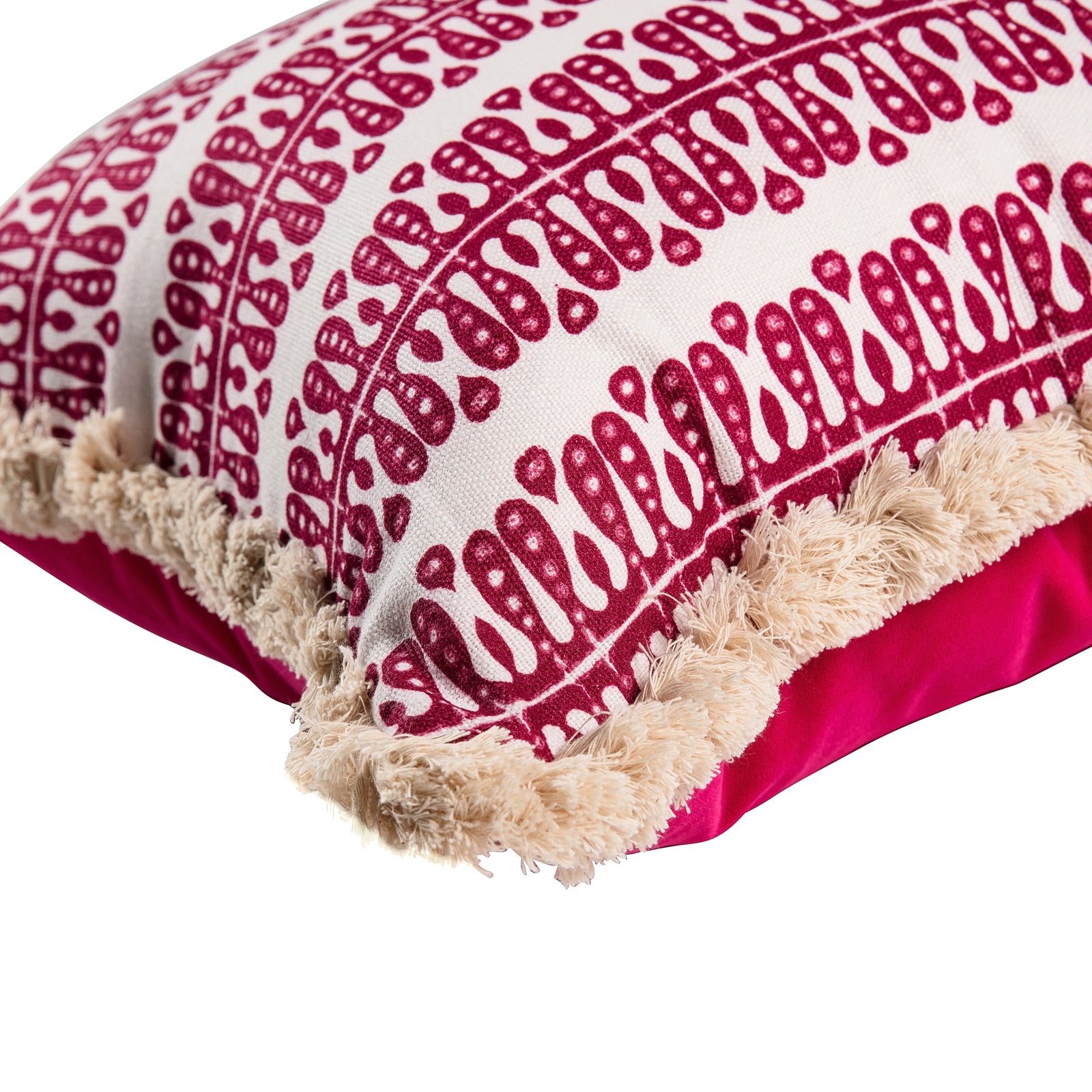 Heart and Minds Cushion in Raspberry with Raspberry velvet back and cream fringe